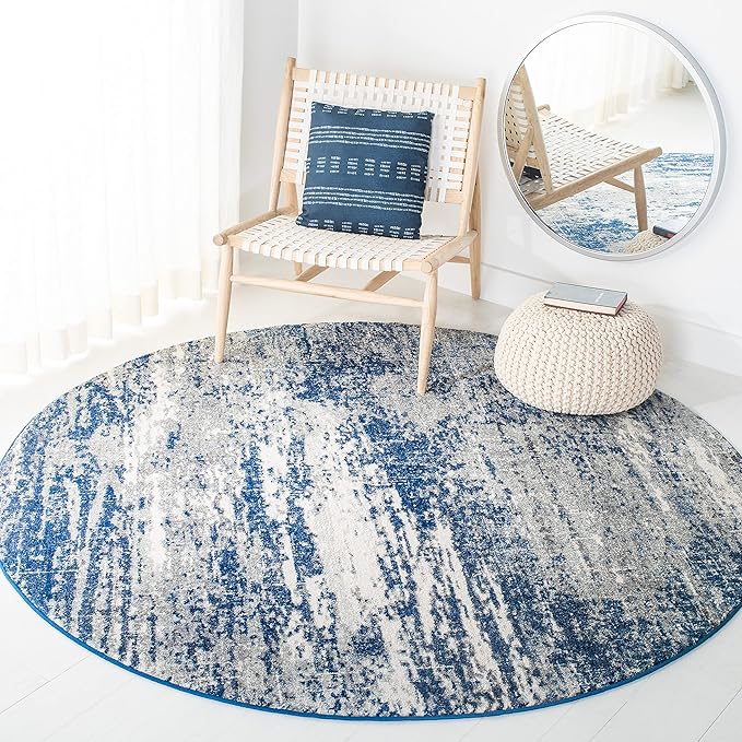 SAFAVIEH Evoke Collection 6'7" Round Dark Blue/Grey EVK272L Modern Abstract Non-Shedding Living Room Bedroom Area Rug