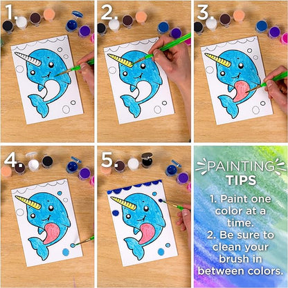 Horizon Group USA Pre-Printed Canvas & Paint Art Set. Ready to Paint 5" x 7" Canvas Panels, 12 Tempera Paints, 6 Easy-Grip Assorted Paintbrushes Included. Dino, Space & Food.