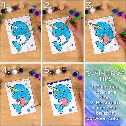 Horizon Group USA Pre-Printed Canvas & Paint Art Set. Ready to Paint 5" x 7" Canvas Panels, 12 Tempera Paints, 6 Easy-Grip Assorted Paintbrushes Included. Avocado, Llama, Rainbow Friends.