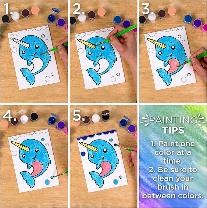 Horizon Group USA Pre-Printed Canvas & Paint Art Set. Ready to Paint 5" x 7" Canvas Panels, 12 Tempera Paints, 6 Easy-Grip Assorted Paintbrushes Included. Panda, Fox & Glitter Unicorn