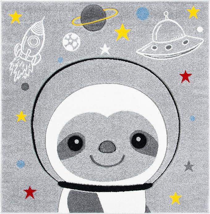 SAFAVIEH Carousel Kids Collection Area Rug - 4' Square, Grey & Ivory, Non-Shedding & Easy Care, Ideal for High Traffic Areas for Boys & Girls in Playroom, Nursery, Bedroom (CRK140F)