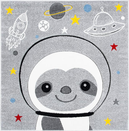 SAFAVIEH Carousel Kids Collection Area Rug - 4' Square, Grey & Ivory, Non-Shedding & Easy Care, Ideal for High Traffic Areas for Boys & Girls in Playroom, Nursery, Bedroom (CRK140F)