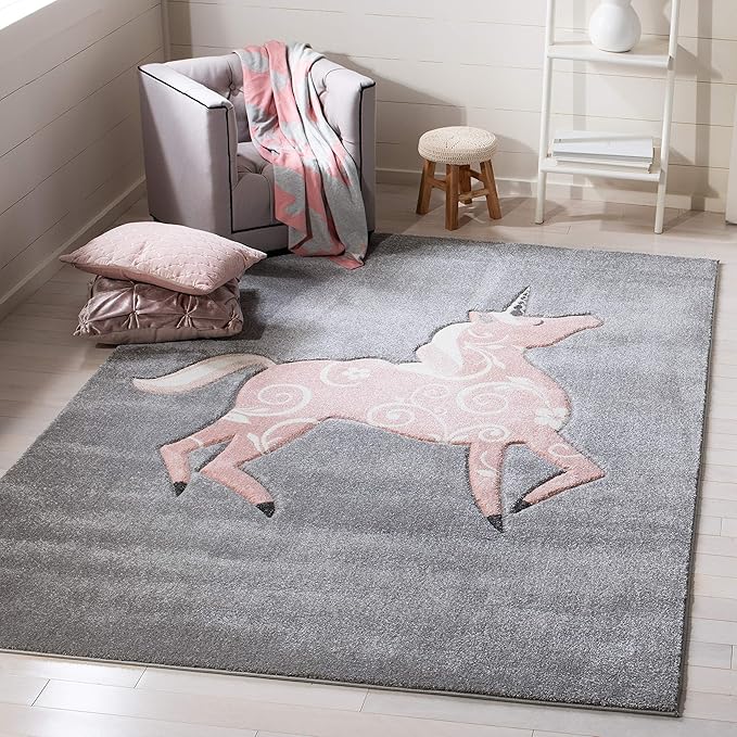SAFAVIEH Carousel Kids Collection 6'7" Square Grey/Pink CRK163F Unicorn Non-Shedding Playroom Nursery Bedroom Area Rug