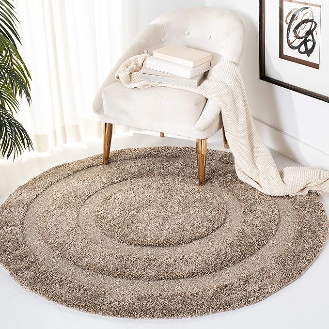 SAFAVIEH Florida Shag Collection 6'7" Round Beige / Beige SG454 Border Non-Shedding Living Room Bedroom Dining Room Entryway Plush 1.2-inch Thick Area Rug