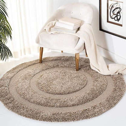 SAFAVIEH Florida Shag Collection 6'7" Round Beige / Beige SG454 Border Non-Shedding Living Room Bedroom Dining Room Entryway Plush 1.2-inch Thick Area Rug