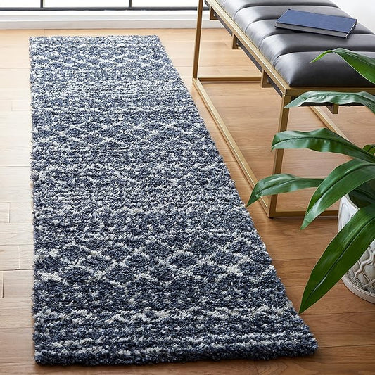 SAFAVIEH Arizona Shag Collection Runner Rug - 2'3" x 10' Runner, Slate Blue & Ivory, Moroccan Design, Non-Shedding, 1.6-inch Thick, Ideal for High Traffic Areas in Living Room, Bedroom (ASG741L-210)