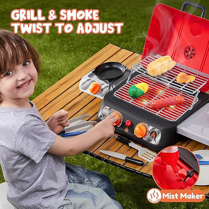 Kids BBQ Grill Playset, Kitchen Toy Set with Pretend Smoke, Light, Sound & Color-Changing Food, Play Kitchen Accessories, Indoor Outdoor Cooking Toy for Boys Girls Kids