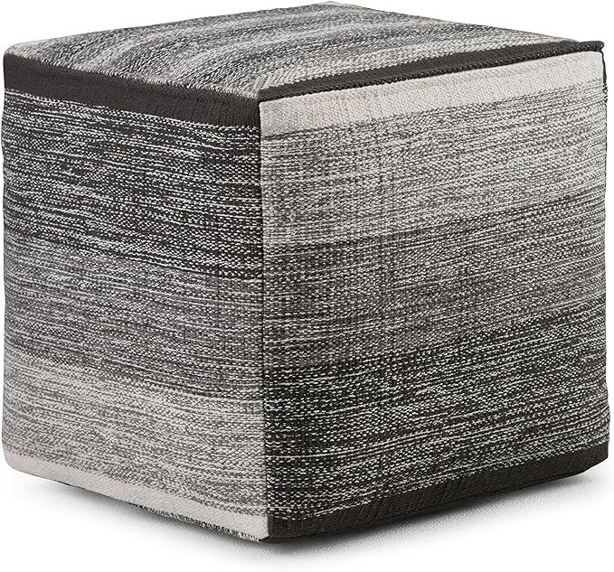 SIMPLIHOME Naya 16 Inch Boho Cube Pouf in Patterned Grey Melange Cotton, For the Living Room, Bedroom and Kids Room