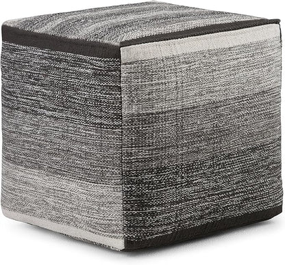 SIMPLIHOME Naya 16 Inch Boho Cube Pouf in Patterned Grey Melange Cotton, For the Living Room, Bedroom and Kids Room