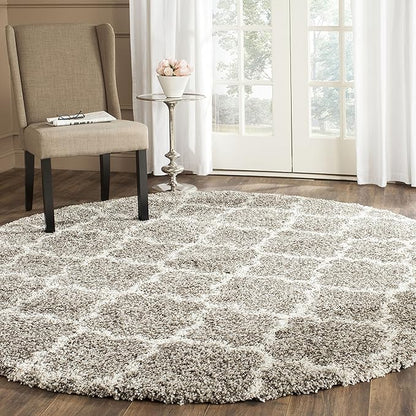 SAFAVIEH Hudson Shag Collection 7' Round Grey/Ivory SGH282B Moroccan Trellis Non-Shedding Living Room Bedroom Dining Room Entryway Plush 2-inch Thick Area Rug