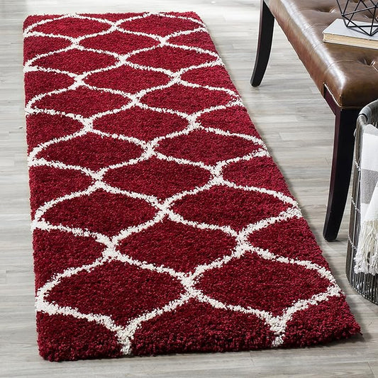 SAFAVIEH Hudson Shag Collection Runner Rug - 2'3" x 6', Red & Ivory, Moroccan Ogee Trellis Design, Non-Shedding & Easy Care, 2-inch Thick Ideal for High Traffic Areas in Living Room, Bedroom (SGH280R)
