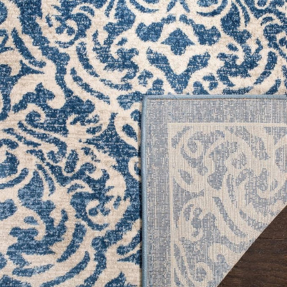 SAFAVIEH Brentwood Collection 2' x 12' Navy / Cream BNT810N Damask Non-Shedding Living Room Bedroom Runner Rug