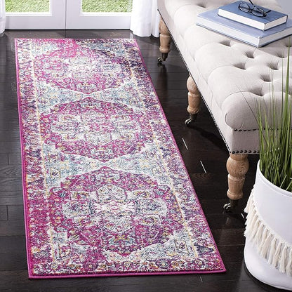 SAFAVIEH Evoke Collection 2'2" x 7' Fuchsia / Ivory EVK275R Oriental Medallion Distressed Non-Shedding Living Room Entryway Foyer Hallway Bedroom Runner Rug
