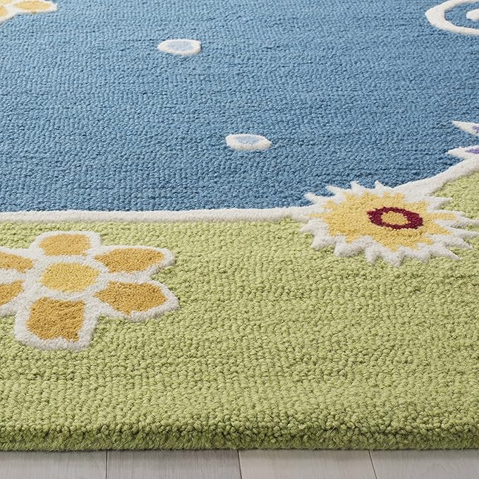 SAFAVIEH Kids Collection Runner Rug - 2'3" x 7', Blue & Green, Handmade Floral Wool, Ideal for High Traffic Areas in Living Room, Bedroom (SFK383A)