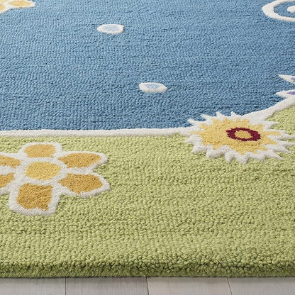 SAFAVIEH Kids Collection Runner Rug - 2'3" x 7', Blue & Green, Handmade Floral Wool, Ideal for High Traffic Areas in Living Room, Bedroom (SFK383A)