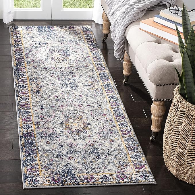 SAFAVIEH Evoke Collection 2'2" x 7' Grey / Navy EVK288N Oriental Medallion Distressed Non-Shedding Living Room Entryway Foyer Hallway Bedroom Runner Rug