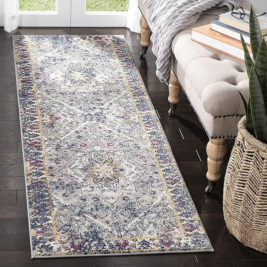 SAFAVIEH Evoke Collection 2'2" x 7' Grey / Navy EVK288N Oriental Medallion Distressed Non-Shedding Living Room Entryway Foyer Hallway Bedroom Runner Rug