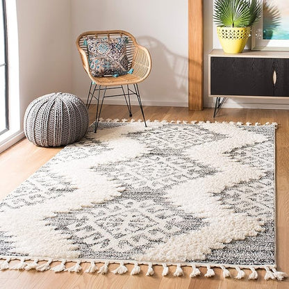 SAFAVIEH Moroccan Tassel Shag Collection Accent Rug - 4' x 6', Ivory & Grey, Boho Design, Non-Shedding & Easy Care, 2-inch Thick Ideal for High Traffic Areas in Foyer, Living Room, Bedroom (MTS652F)