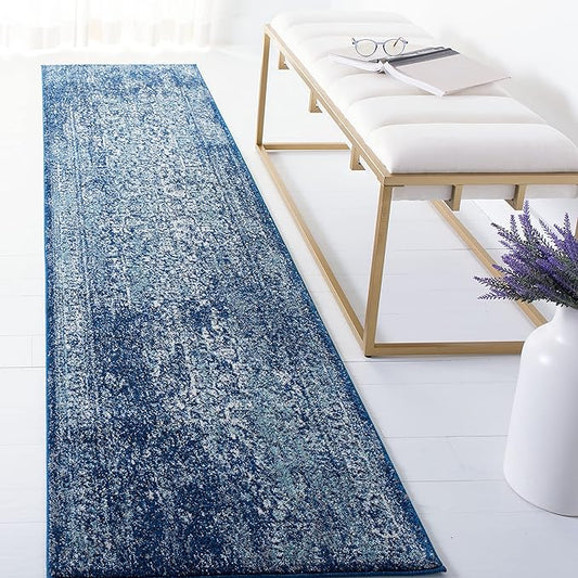 SAFAVIEH Evoke Collection Runner Rug - 2'2" x 9', Navy & Ivory, Oriental Distressed Design, Non-Shedding & Easy Care, Ideal for High Traffic Areas in Living Room, Bedroom (EVK256A)