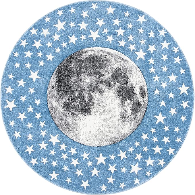 SAFAVIEH Carousel Kids Collection 3' Round Light Blue/Grey CRK135L Moon & Stars Non-Shedding Playroom Nursery Bedroom Area Rug