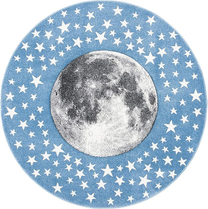 SAFAVIEH Carousel Kids Collection 4' Round Light Blue/Grey CRK135L Moon & Stars Non-Shedding Playroom Nursery Bedroom Area Rug