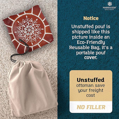 Genuine Leather Round Pouf Cover - Handmade Moroccan Ottoman Footstool, Unstuffed Footrest Under Desk - Boho Decor - Bohemian Living Room, Bedroom, Kids Room - Housewarming Gift & Wedding