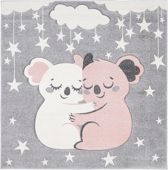 SAFAVIEH Carousel Kids Collection 5'3" Square Grey/Ivory CRK195F Koala Hug Non-Shedding Nursery Playroom Area Rug