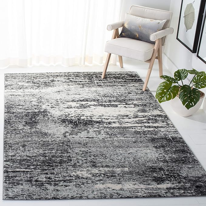 SAFAVIEH Evoke Collection Area Rug - 6'7" Square, Ivory & Dark Grey, Modern Abstract Design, Non-Shedding & Easy Care, Ideal for High Traffic Areas in Living Room, Bedroom (EVK272G)