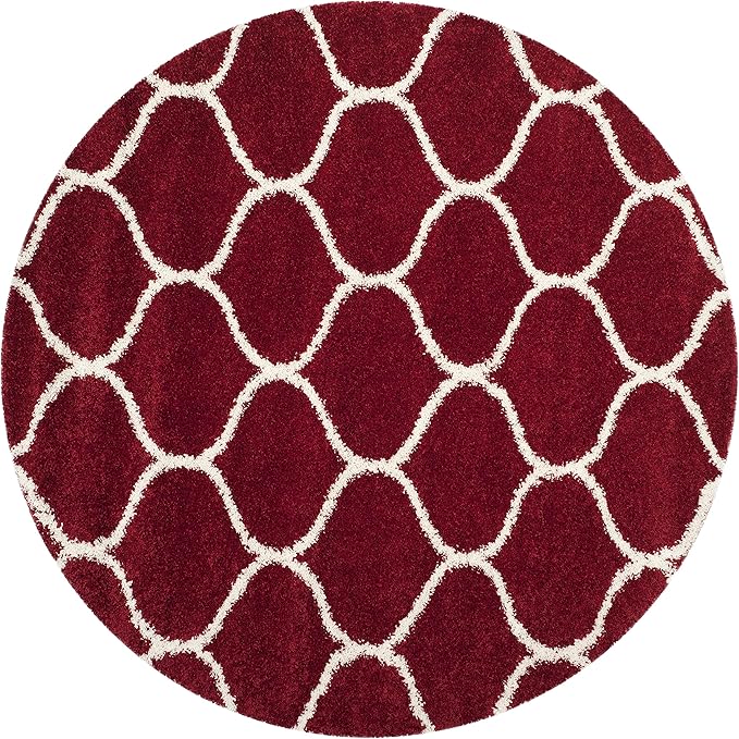 SAFAVIEH Hudson Shag Collection 5' Round Red / Ivory SGH280R Moroccan Ogee Trellis Non-Shedding Living Room Bedroom Dining Room Entryway Plush 2-inch Thick Area Rug