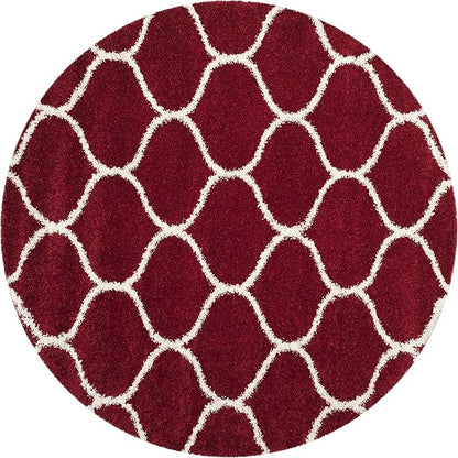 SAFAVIEH Hudson Shag Collection 5' Round Red / Ivory SGH280R Moroccan Ogee Trellis Non-Shedding Living Room Bedroom Dining Room Entryway Plush 2-inch Thick Area Rug