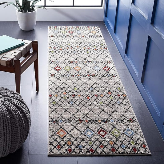 SAFAVIEH Amsterdam Collection Runner Rug - 2'3" x 8', Beige & Blue, Moroccan Boho Design, Non-Shedding & Easy Care, Ideal for High Traffic Areas in Living Room, Bedroom (AMS115B)