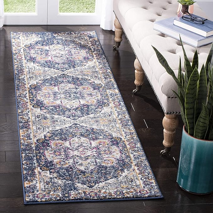 SAFAVIEH Evoke Collection 2'2" x 7' Navy / Grey EVK275N Oriental Medallion Distressed Non-Shedding Living Room Entryway Foyer Hallway Bedroom Runner Rug