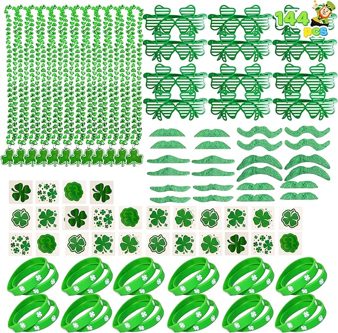 JOYIN 144 PCS St. Patrick's Day Dressing-up Accessories Set Party Favor with 12 Green Shamrock Eyeglasses 12 Beaded Necklace 72 Temporary Tattoos 24 Mustache 24 bracelets