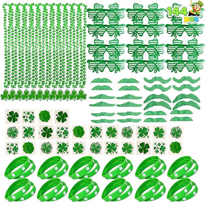 JOYIN 144 PCS St. Patrick's Day Dressing-up Accessories Set Party Favor with 12 Green Shamrock Eyeglasses 12 Beaded Necklace 72 Temporary Tattoos 24 Mustache 24 bracelets