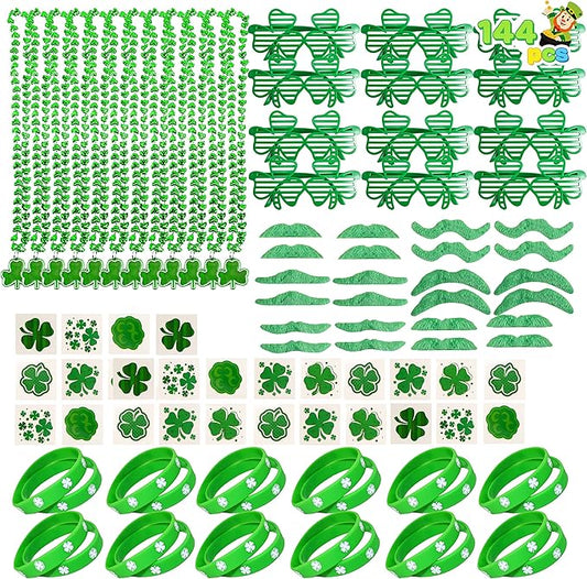 JOYIN 144 PCS St. Patrick's Day Dressing-up Accessories Set Party Favor with 12 Green Shamrock Eyeglasses 12 Beaded Necklace 72 Temporary Tattoos 24 Mustache 24 bracelets
