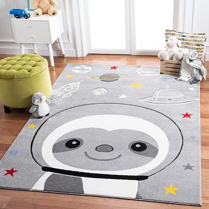 SAFAVIEH Carousel Kids Collection Area Rug - 4' Square, Grey & Ivory, Non-Shedding & Easy Care, Ideal for High Traffic Areas for Boys & Girls in Playroom, Nursery, Bedroom (CRK140F)