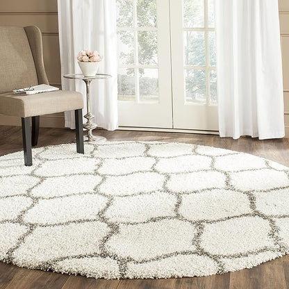 SAFAVIEH Hudson Shag Collection 9' Round Ivory/Grey SGH280A Moroccan Ogee Trellis Non-Shedding Living Room Bedroom Dining Room Entryway Plush 2-inch Thick Area Rug