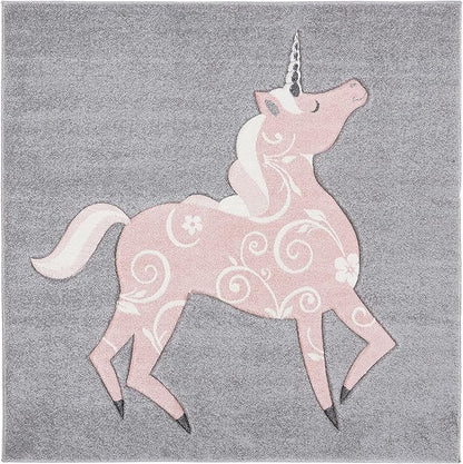 SAFAVIEH Carousel Kids Collection 3' Square Grey/Pink CRK163F Unicorn Non-Shedding Playroom Nursery Bedroom Area Rug