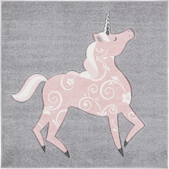 SAFAVIEH Carousel Kids Collection 6'7" Square Grey/Pink CRK163F Unicorn Non-Shedding Playroom Nursery Bedroom Area Rug