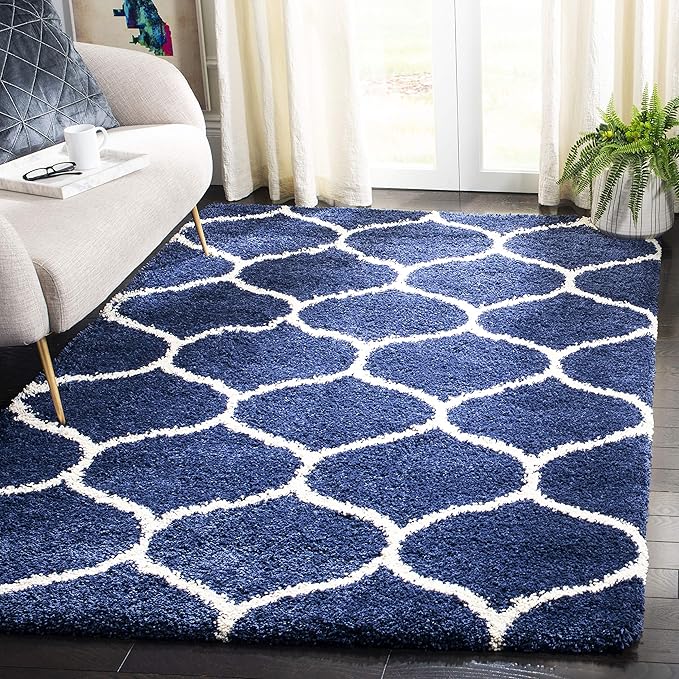 SAFAVIEH Hudson Shag Collection 5' Square Navy/Ivory SGH280C Moroccan Ogee Trellis Non-Shedding Living Room Bedroom Dining Room Entryway Plush 2-inch Thick Area Rug