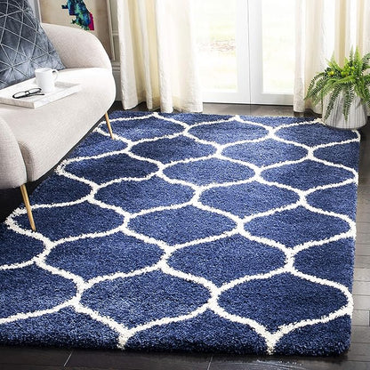 SAFAVIEH Hudson Shag Collection 5' Square Navy/Ivory SGH280C Moroccan Ogee Trellis Non-Shedding Living Room Bedroom Dining Room Entryway Plush 2-inch Thick Area Rug