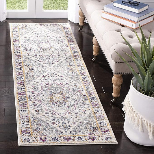 SAFAVIEH Evoke Collection 2'2" x 7' Ivory/Grey EVK288A Oriental Medallion Distressed Non-Shedding Living Room Entryway Foyer Hallway Bedroom Runner Rug