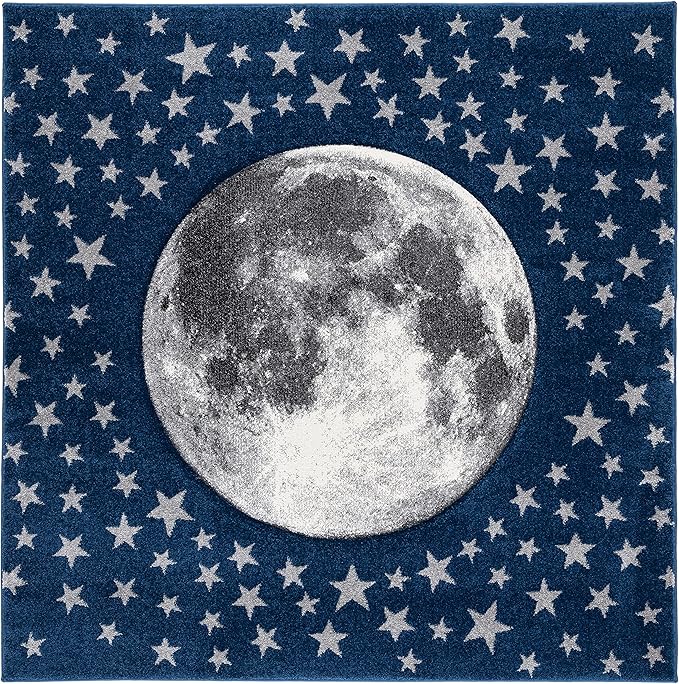 SAFAVIEH Carousel Kids Collection 8' Square Navy/Grey CRK135N Moon & Stars Non-Shedding Playroom Nursery Bedroom Area Rug