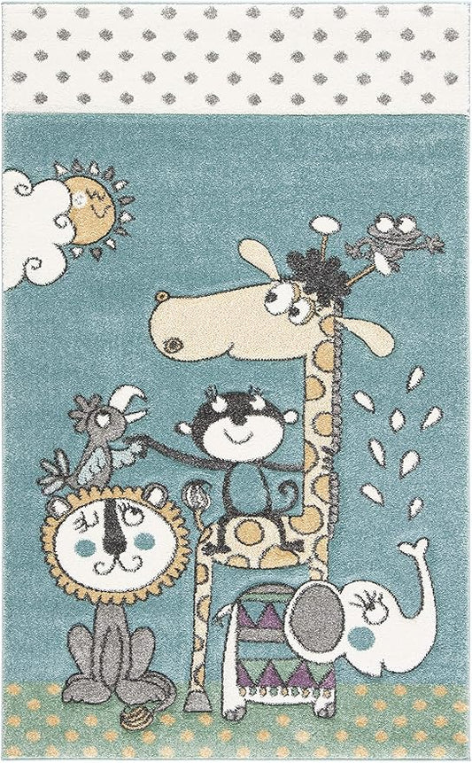 SAFAVIEH Carousel Kids Collection Accent Rug - 2' x 3', Ivory & Blue, Animal Design, Non-Shedding & Easy Care, Ideal for High Traffic Areas for Boys & Girls in Playroom, Nursery, Bedroom (CRK185A)