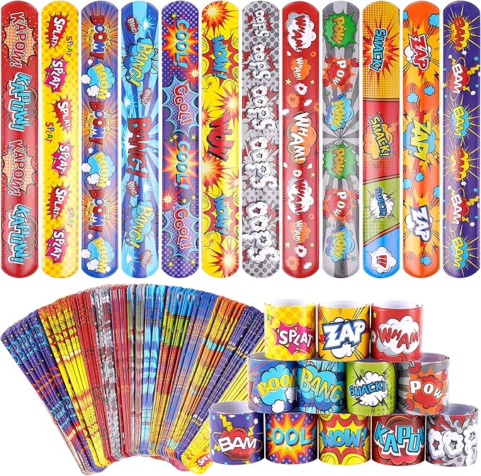 Kolewo4ever 144 Pieces Hero Slap Bracelet Hero Text Wristbands Hero Party Favors Slap Bracelets for Kids Boys Girls Snap Bracelets Hero Party Supplies
