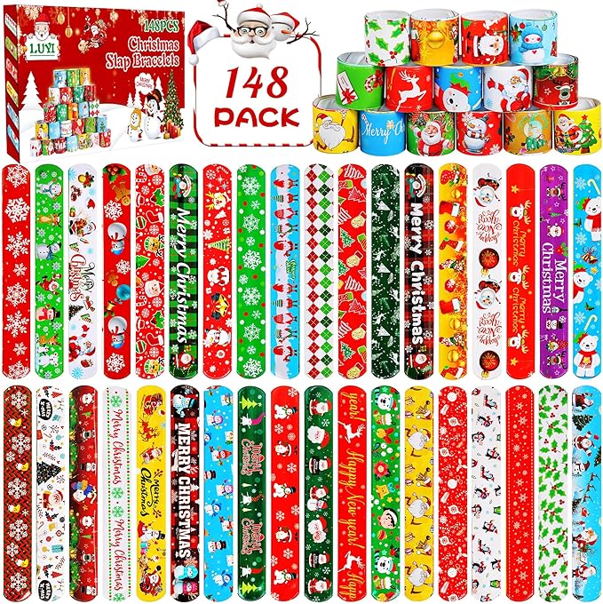 LUYI 148 PCS Christmas Slap Bracelets Christmas Party Favors Supplies for Xmas Slap Snap Bracelets Bulk Christmas Toys for Christmas Stocking Stuffers Decoration Gifts Bag Filler