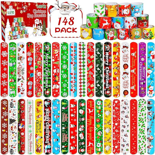 LUYI 148 PCS Christmas Slap Bracelets Christmas Party Favors Supplies for Xmas Slap Snap Bracelets Bulk Christmas Toys for Christmas Stocking Stuffers Decoration Gifts Bag Filler