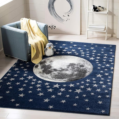 SAFAVIEH Carousel Kids Collection 8' Square Navy/Grey CRK135N Moon & Stars Non-Shedding Playroom Nursery Bedroom Area Rug