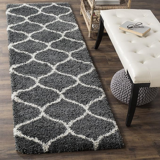 SAFAVIEH Hudson Shag Collection Runner Rug - 2'3" x 8', Dark Grey & Ivory, Trellis Design, Non-Shedding & Easy Care, 2-inch Thick Ideal for High Traffic Areas in Living Room, Bedroom (SGH280G)