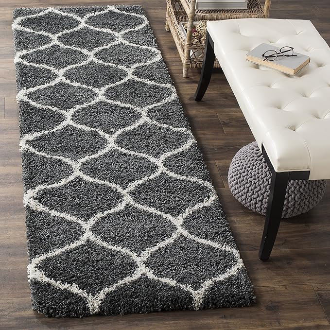SAFAVIEH Hudson Shag Collection Runner Rug - 2'3" x 10', Dark Grey & Ivory, Trellis Design, Non-Shedding & Easy Care, 2-inch Thick Ideal for High Traffic Areas in Living Room, Bedroom (SGH280G)